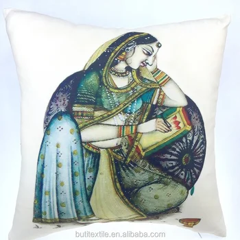 Indian Pillow Cover Rajasthani Traditional Lady Painting Design