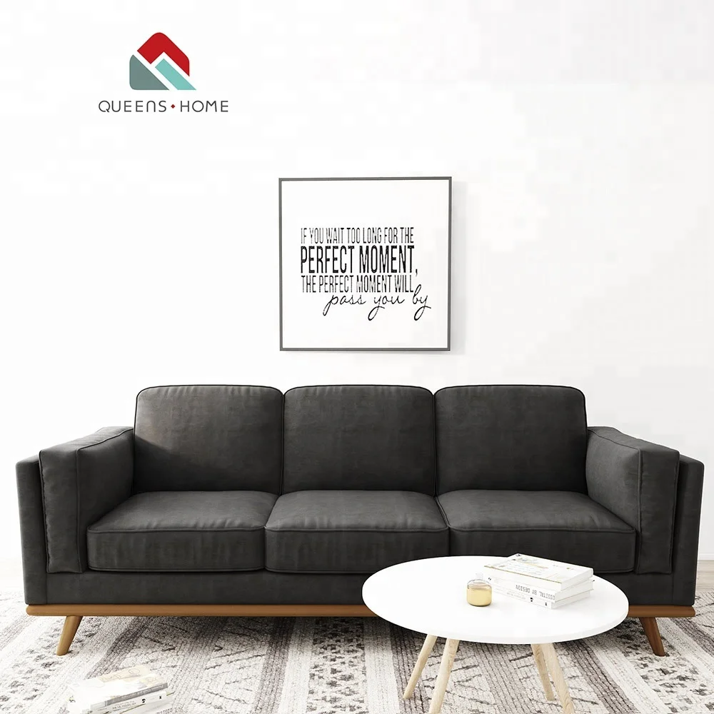 Queenshome Clic European Simple Style Ashley Furniture Mocha Oversized Leather Sala Living Room Black 3 Seater Sofa Set
