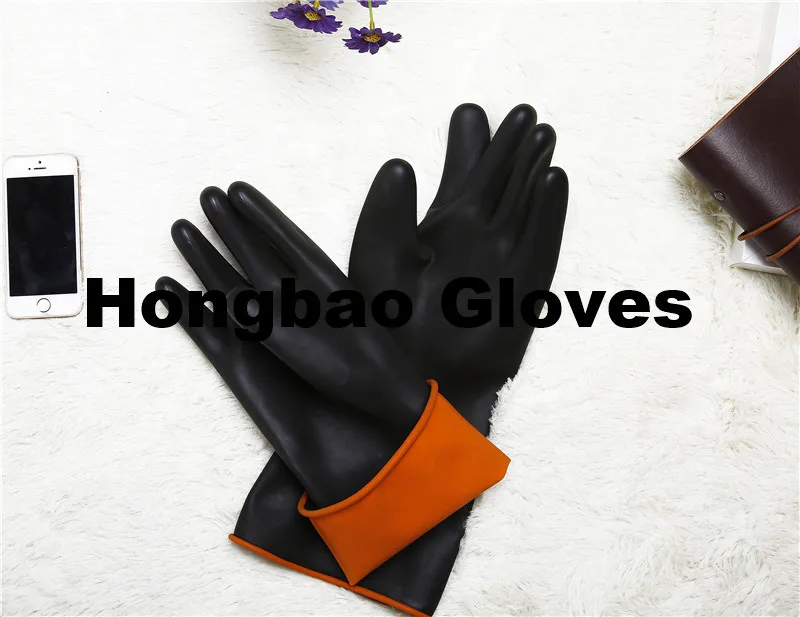 Heavy Duty Industrial Latex Rubber Gloves Acid Resistant Black 36cm Glove 