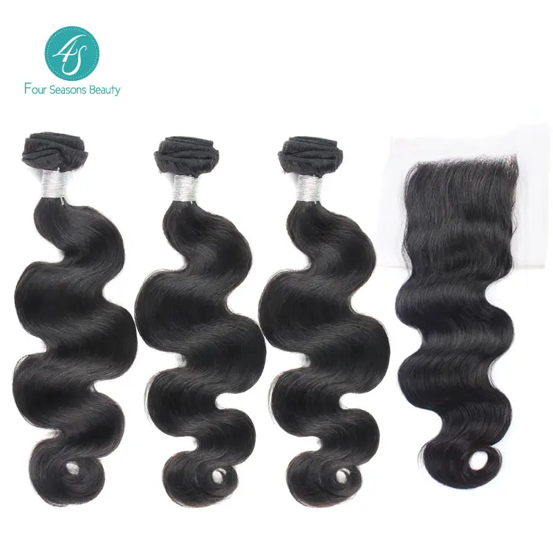 Peruvian Virgin Hair Body Wave With Closure 3 Pcs 6A Unprocessed Human Hair Weave With 4X4
