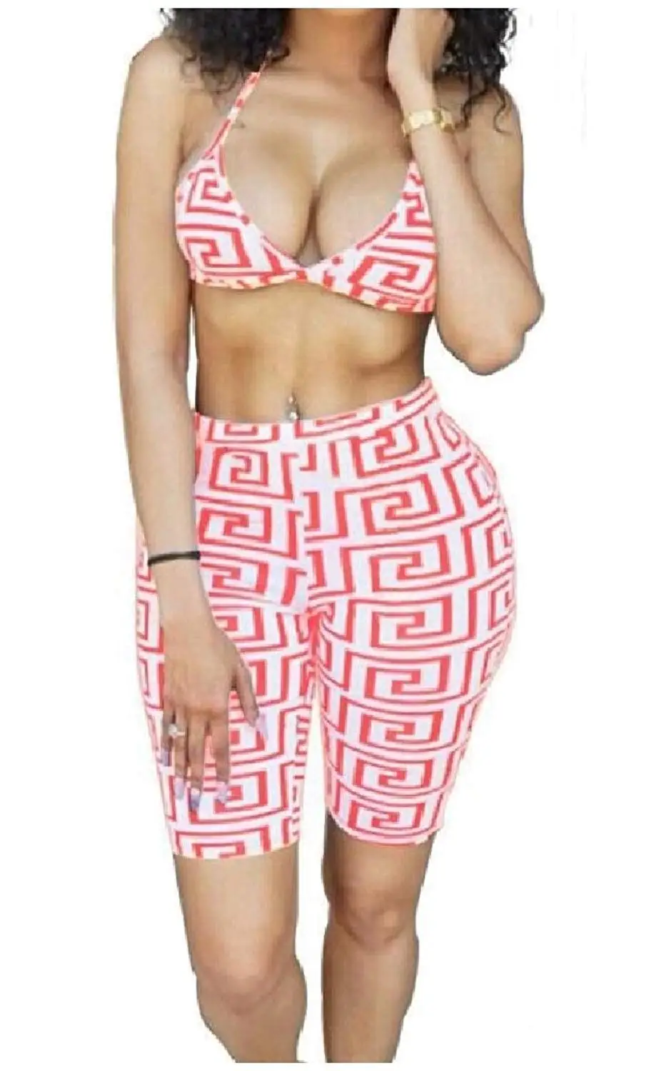 Zimaes-Women 2-Piece Wrapped Chest Spaghetti Strap Retro Patterned Sexy Tracksuits