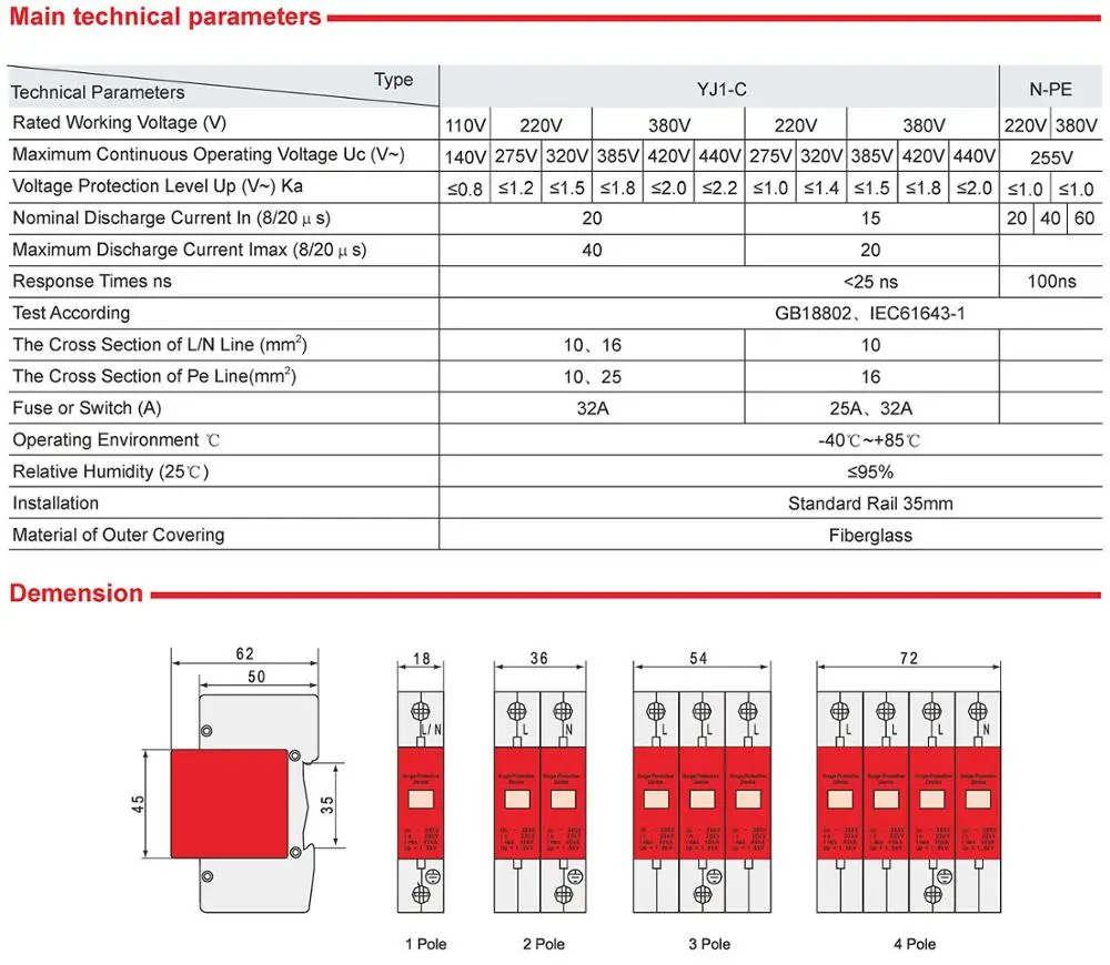 40KA SPD Surge Protector 1P 2P 3P 4P 220V 380V 140V 275V 385V 420V 440V Class 2 Type 2 T2 40KA Surge Protective Device