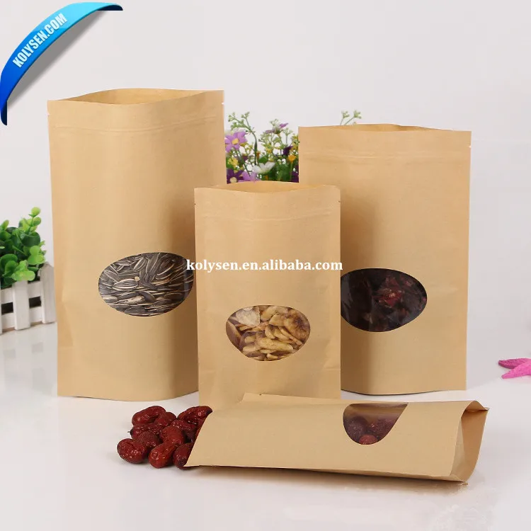 Standup brown kraft paper packaging bag with clear round window