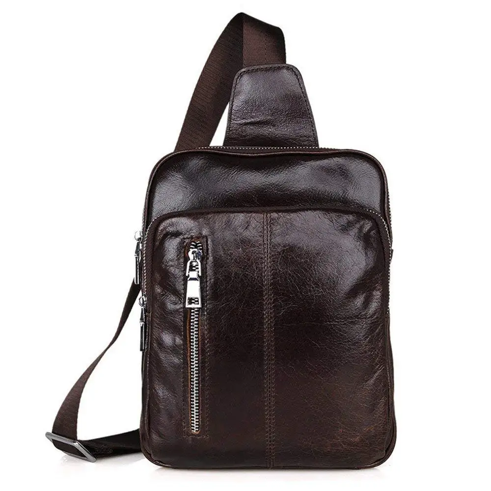 Black Genuine Leather Shoulder Sling Backpack Bag Unisex Outdoor Crossbody Sling Pack Sport Daypack