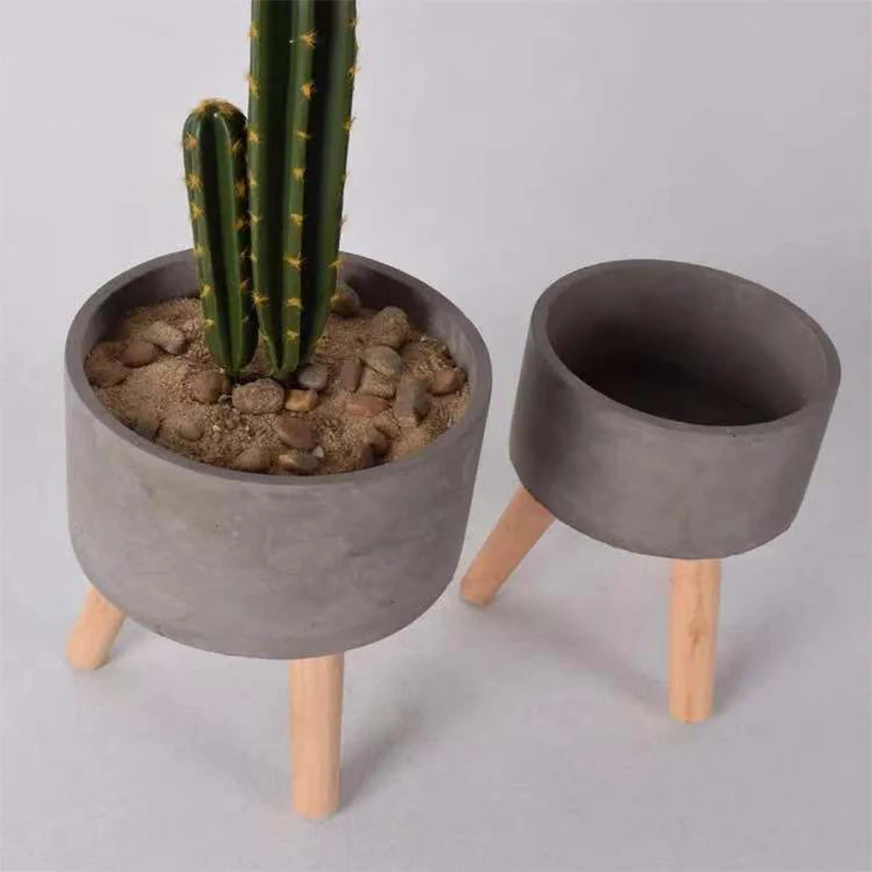 Hot Sale Indoor Cement Flower Pot With Wood Stand - Buy Cement Flower