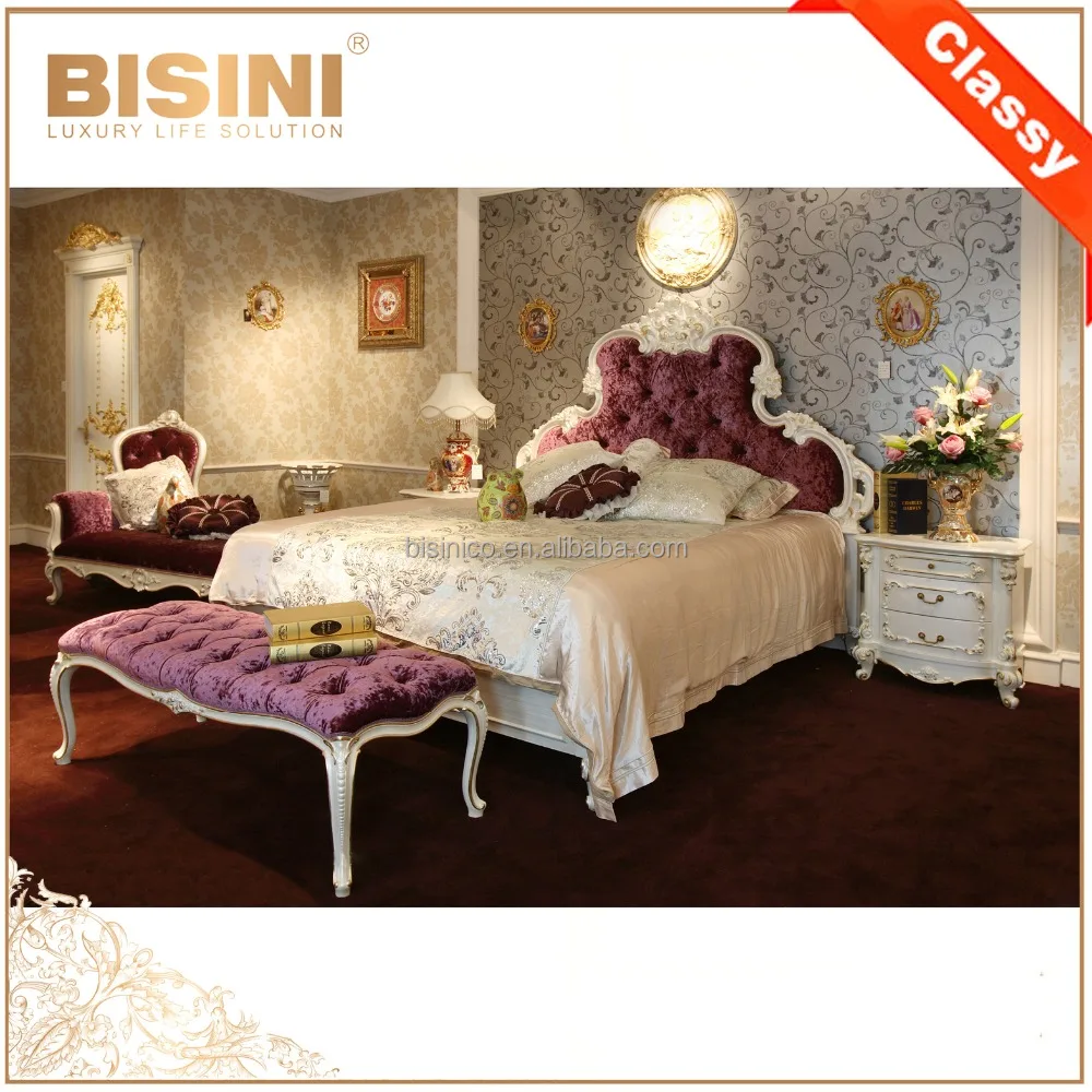 French Graceful Wood Carving Bedroom Set Luxury Home Bedroom Furniture Fancy Purple Fabric Upholstering Super King Size Bed Buy Wood Carving Bedroom
