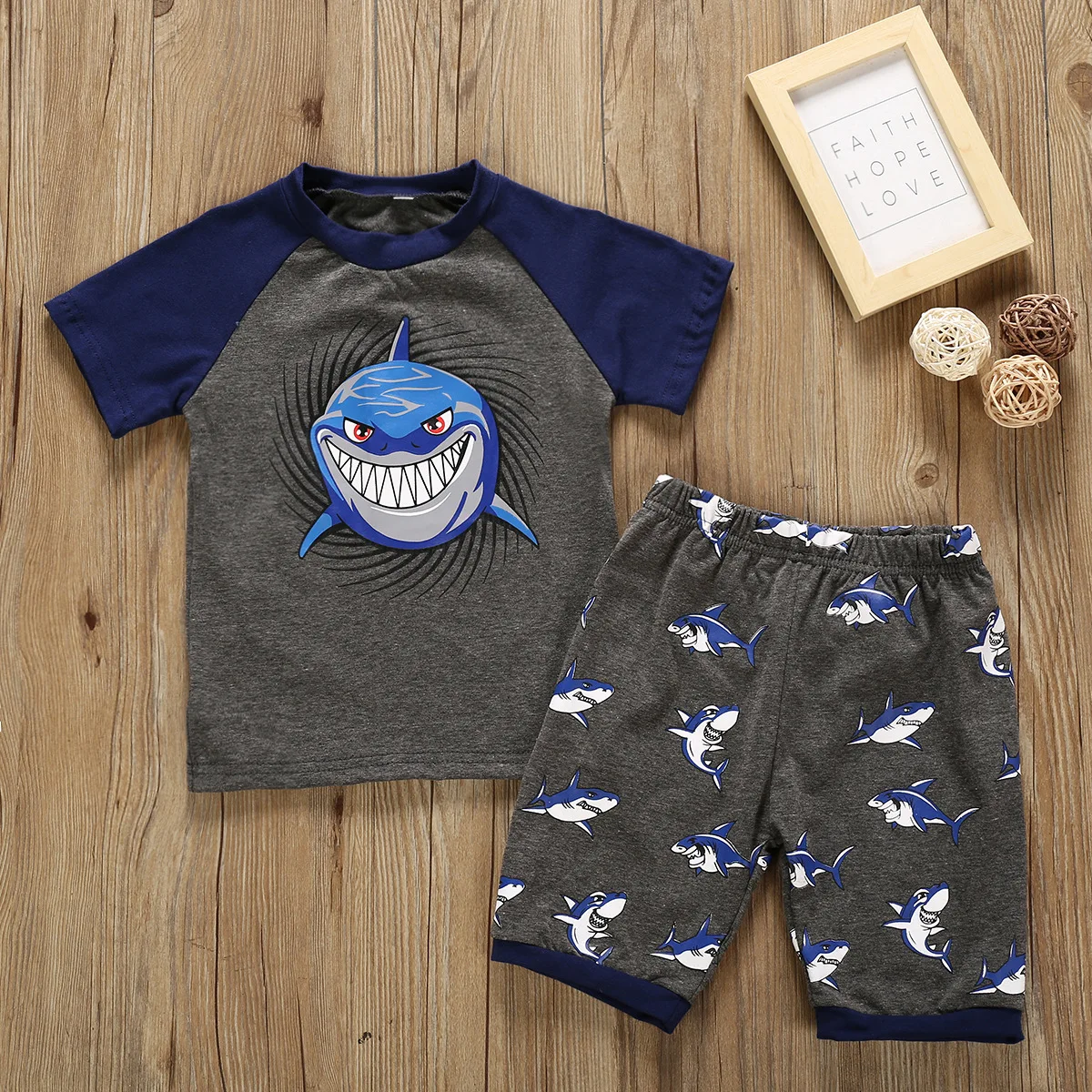 Toddler Boy Short Suit For Summer Gray Cotton Shark Kid Boy Short
