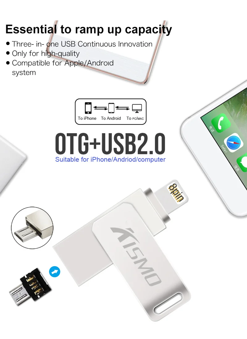 Kismo Metal USB Flash Drive Mini U Disk OTG Pen Drive For iphone 6 7 8 Plus 6S 5S 5C iPad Mini Air 2 - ANKUX.COM