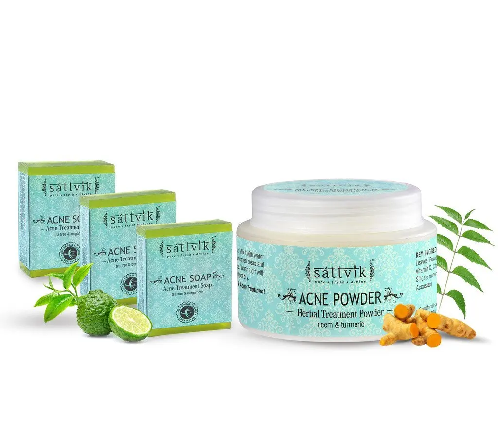 Sattvik Organics Acne Cleansing Kit : With Acne Powder & Acne Treatment Soap (Pack Of 3) • Spot Treatment : With Neem & Turmeric • Removes Excess Oil • Heals Fresh Breakouts (9 oz)