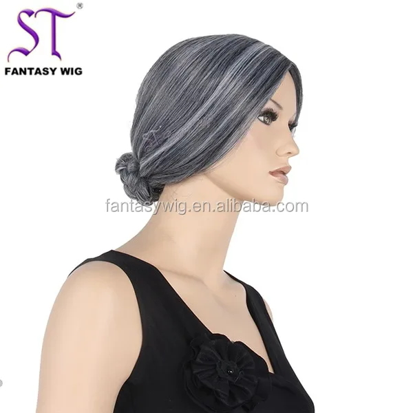 Old Lady Fashioned Grey Mix White Synthetic Hair Updo Wig With Bun