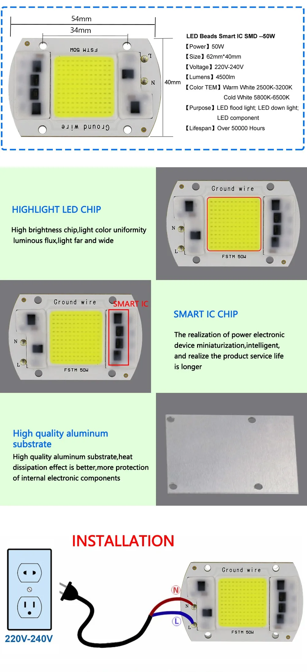 High-Efficiency COB LED Module with Epistar Chip 100lm/w Driverless ...