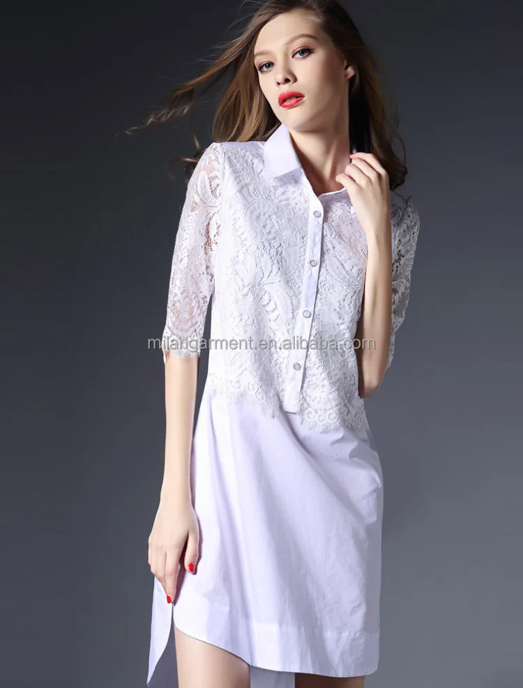 OEM/ODM Low MOQ  fashion women scallop lace half sleeves summer sexy office lady white shirt dress