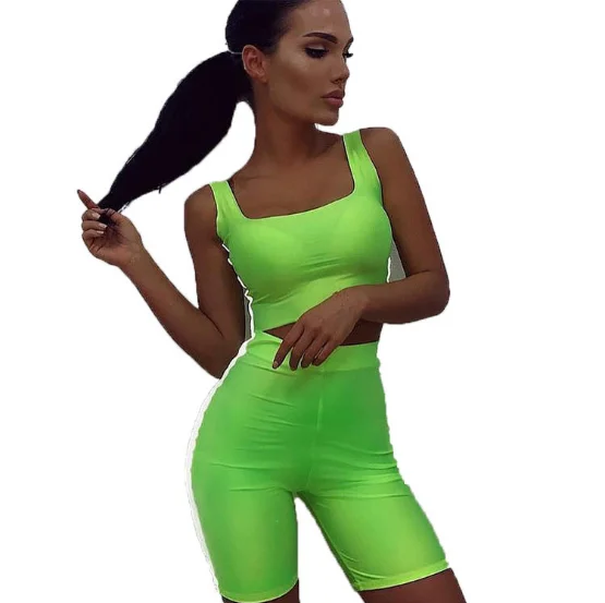 
Side Stripe Reflective Set Sexy Women Two Piece Outfits Crop Top and Biker Shorts Club Neon Matching Sets 