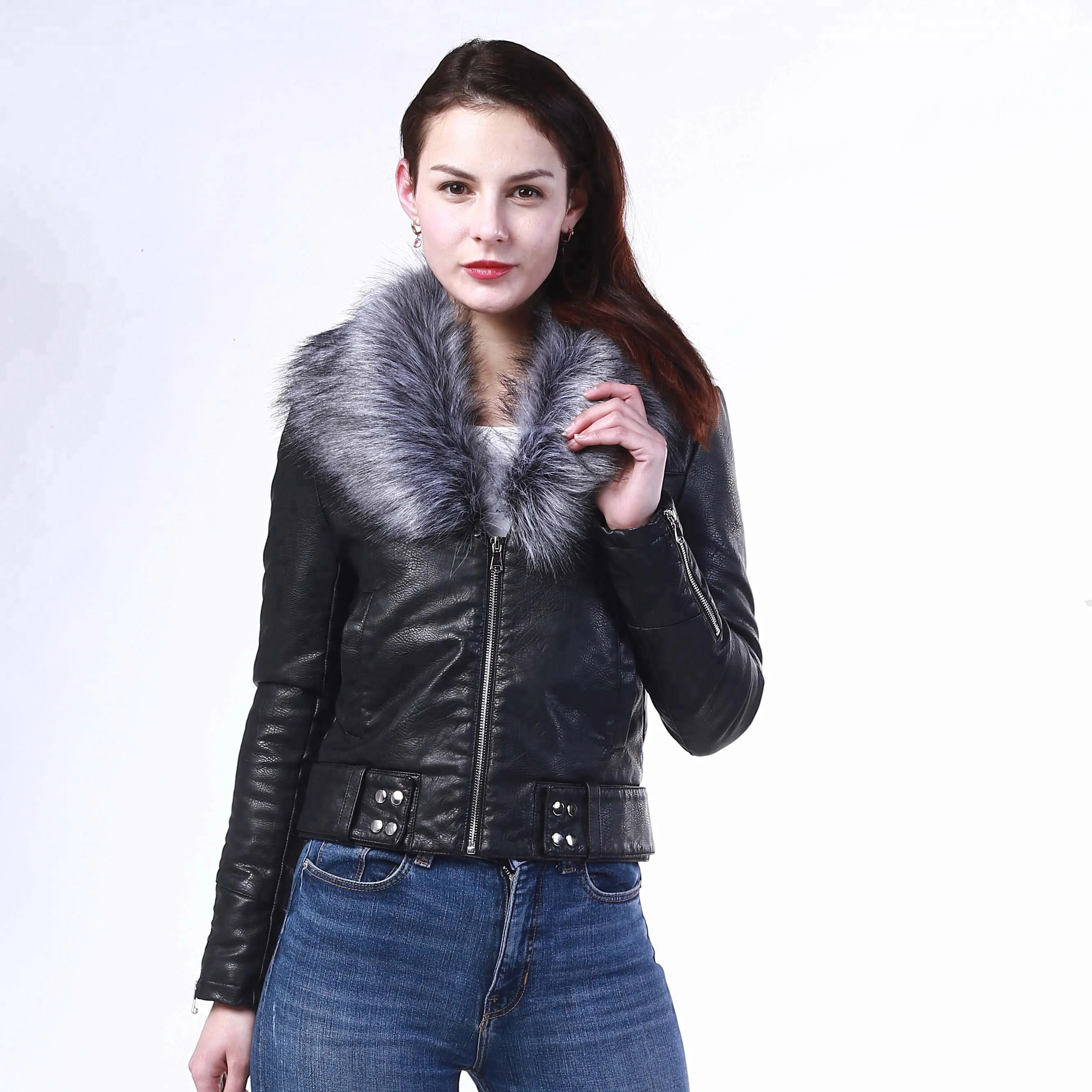 高品质时尚女士 pu 皮革大衣浣熊毛皮领夹克女士皮夹克