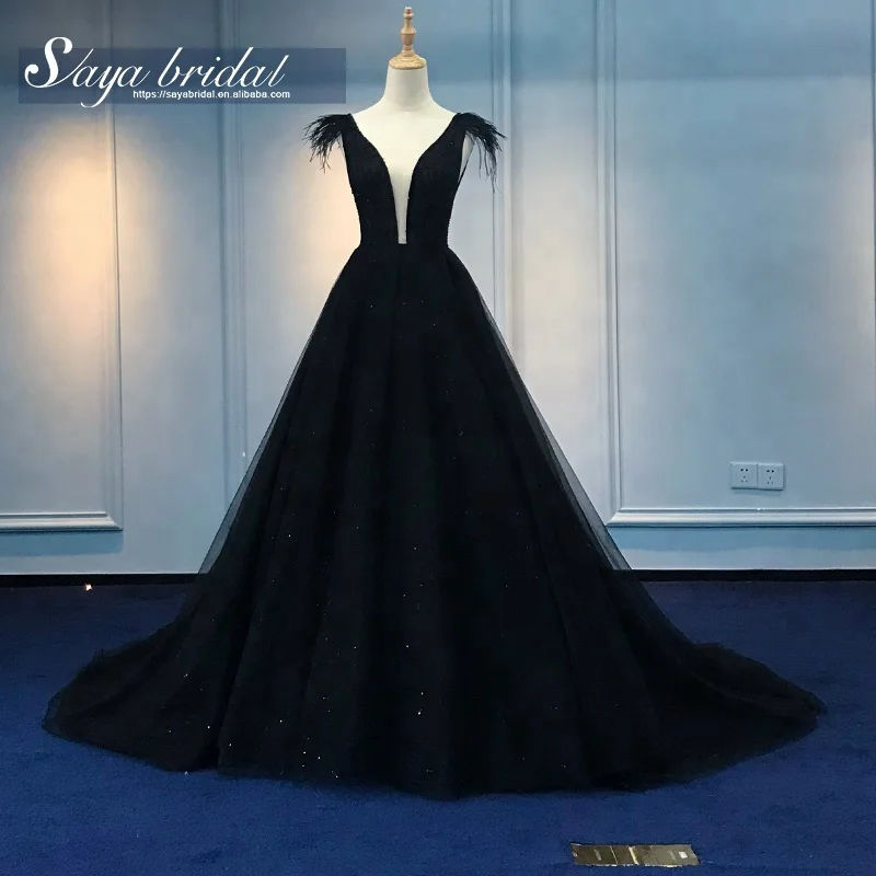 black feather wedding dress