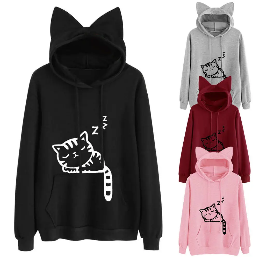 Print Cat Hoodie With Ears Hood Sweatshirt - Buy Hoodie With Ears ...