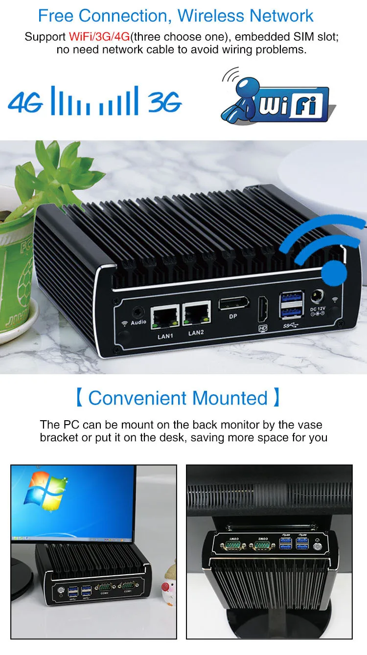Yanling thin client Intel core i5 7200u with DDR4 RAM fanless dual LAN mini pc gaming computer with 1 DP, 1 HD