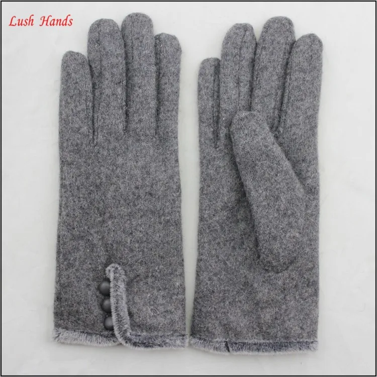 ladies winter warm grey woolen dress fashion hand gloves with fur and button