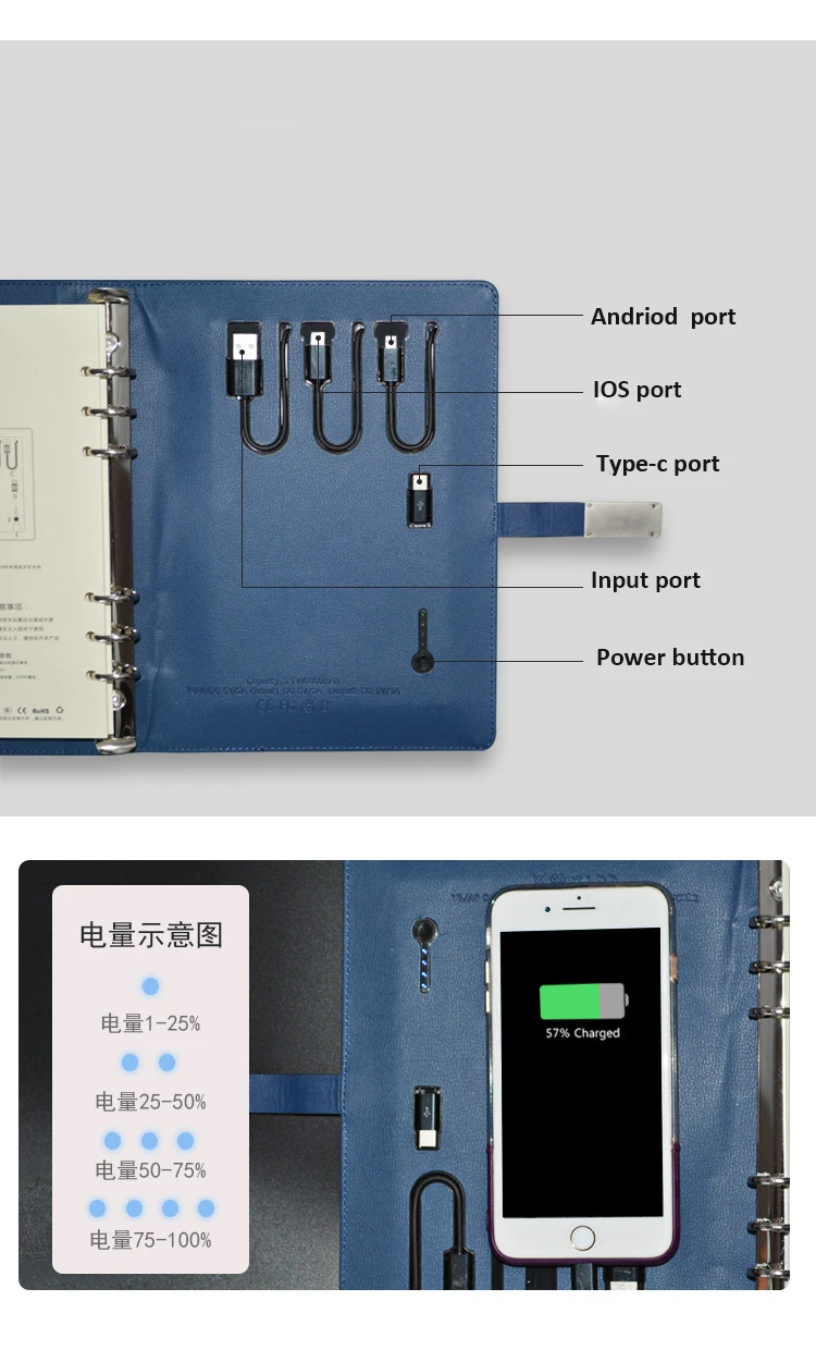 Business Planner A5 PU Cover Notebook 8000mAh Power Bank With LED logo USB Flash Drive Wireless Charging Notebook