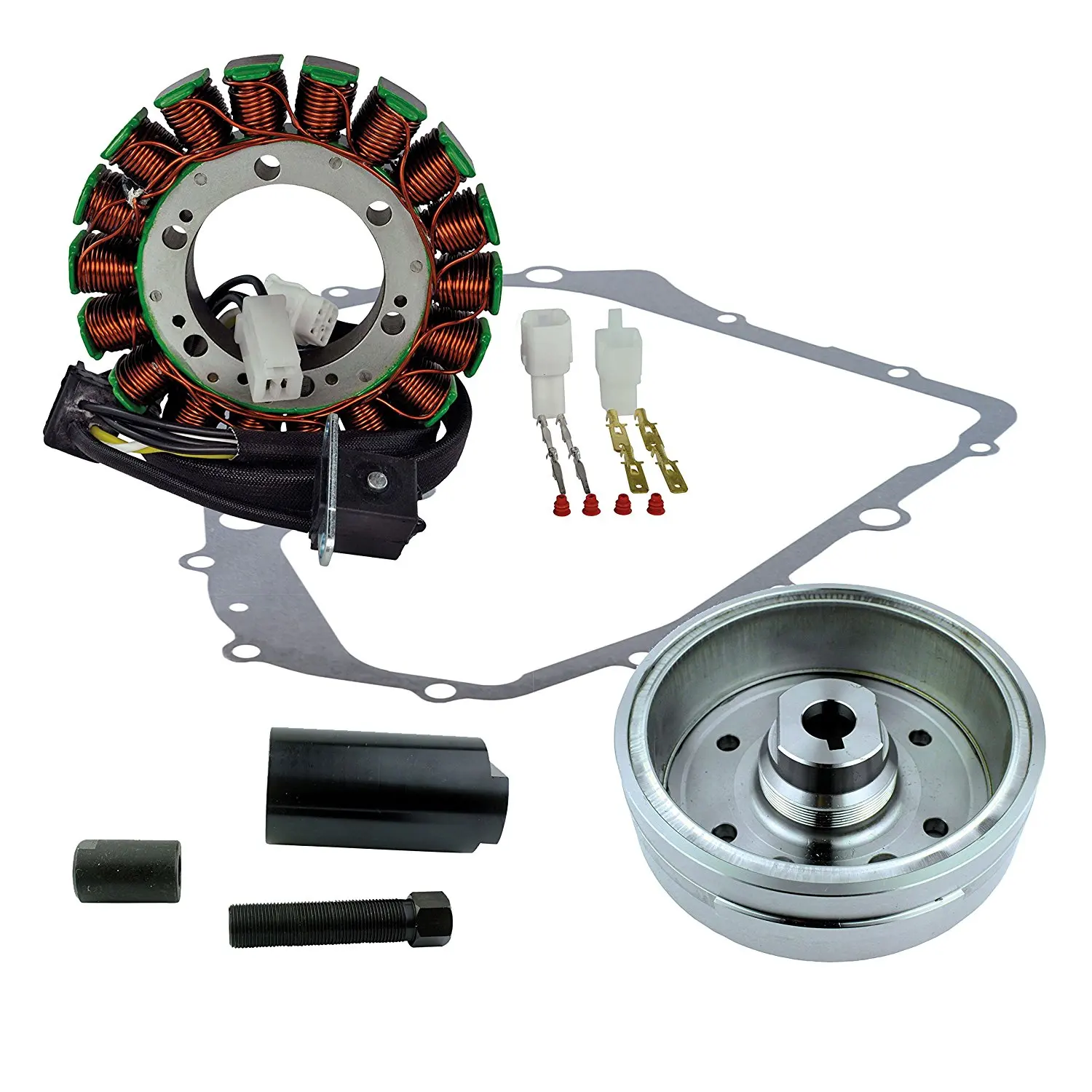 Kit Stator + Crankcase Cover Gasket + Improved Magneto Flywheel + Flywheel Puller For Suzuki LTA 400 Eiger 2002-2007 OEM Repl.# 32101-38F00 32102-38F00 32102-38F01 11483-38F00 09930-30721
