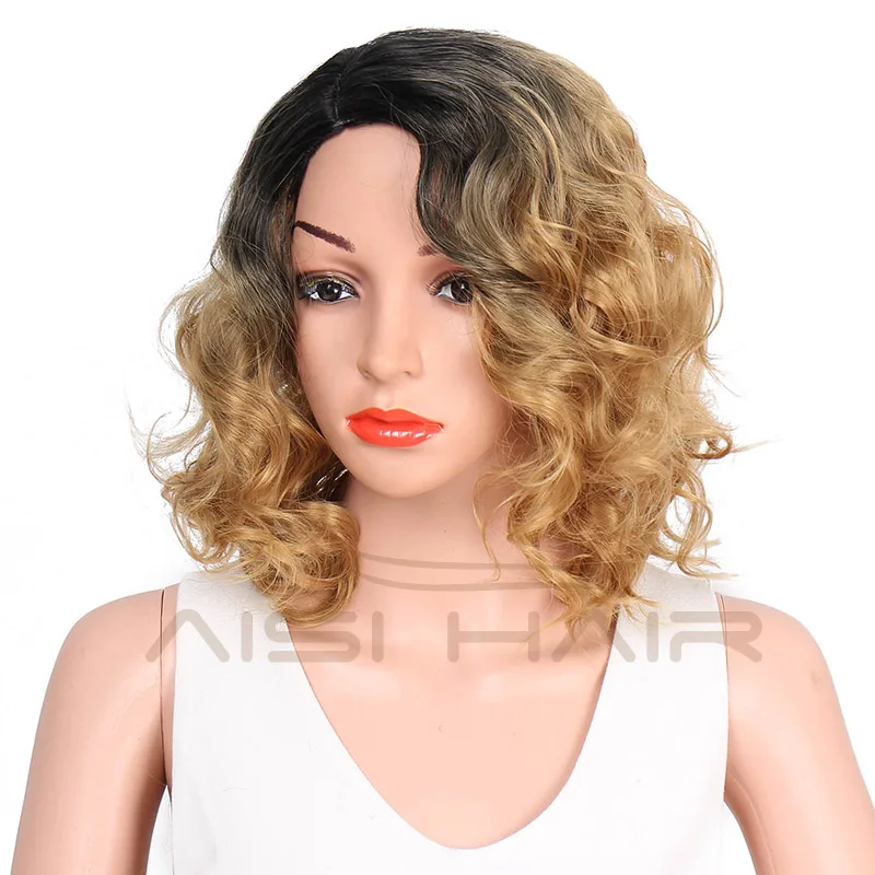 Aisi Hair Wholesale Side Part Short Curly Wavy Ombre Blonde Color