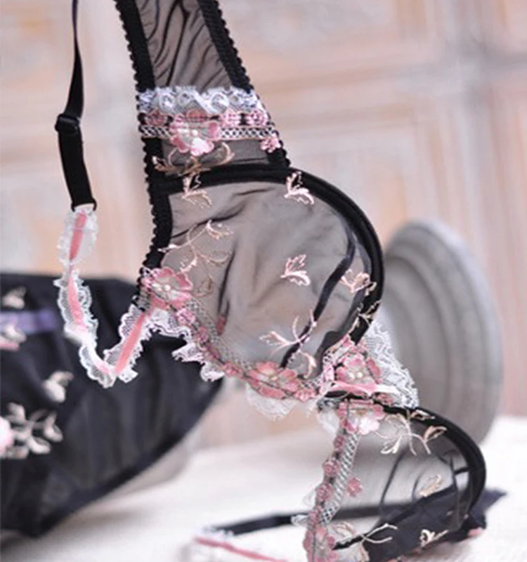 Ladies Sexy Fancy Black Transparent Floral Embroidery Lace Bra Panty