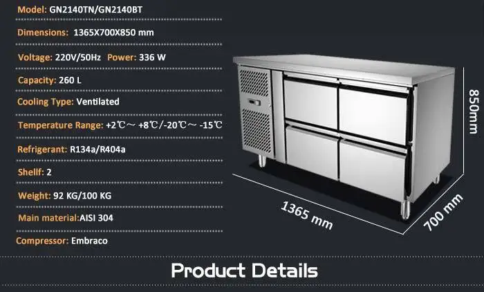 4 Drawer Stainless Steel Commercial Kitchen Chest Freezer Deep