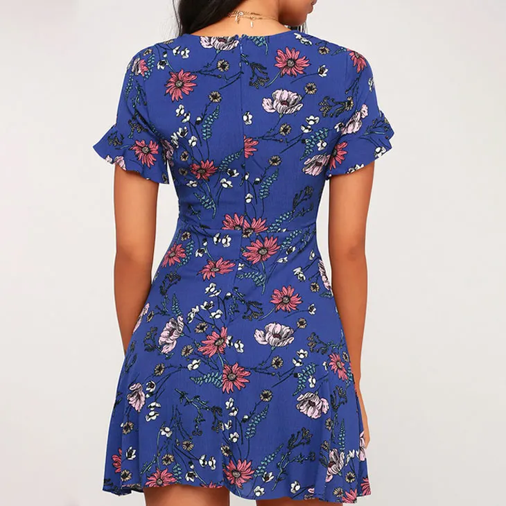 High Quality Floral Print Short Sleeve One Piece Women Dresseselegant Short Dresses With Sleeve