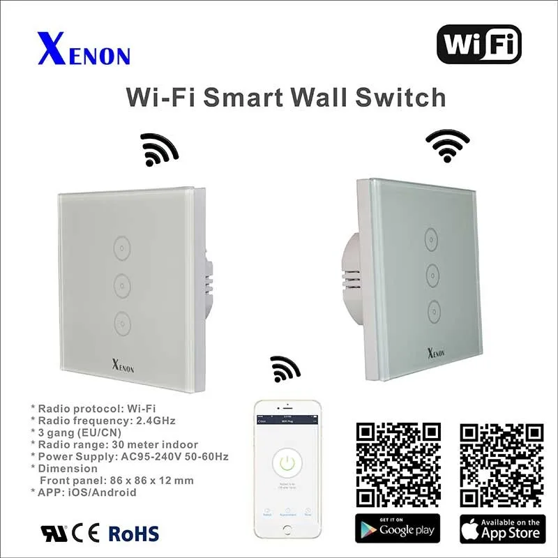 Xenon Smart Switch Wi-Fi 2.4G RF Remote Control Glass Panel 3 Gang 220V EU with Remote Controller Switch