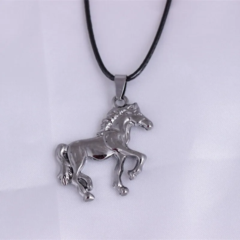 Running Silver Plated Horse Pendant Necklace Leather Chain Animal ...