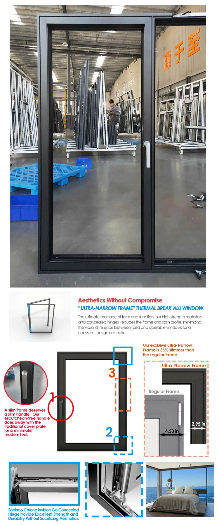 Popular design for ocean area Narrow frame toughened glass impact resistant  for tilt turn opening thermal break swing windows