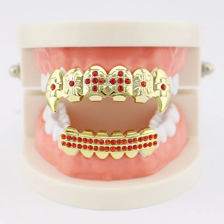 Gold Plating Fashionable Teeth Grillz Set With Rhinestone Teeth Socket Shiny False Teeth For