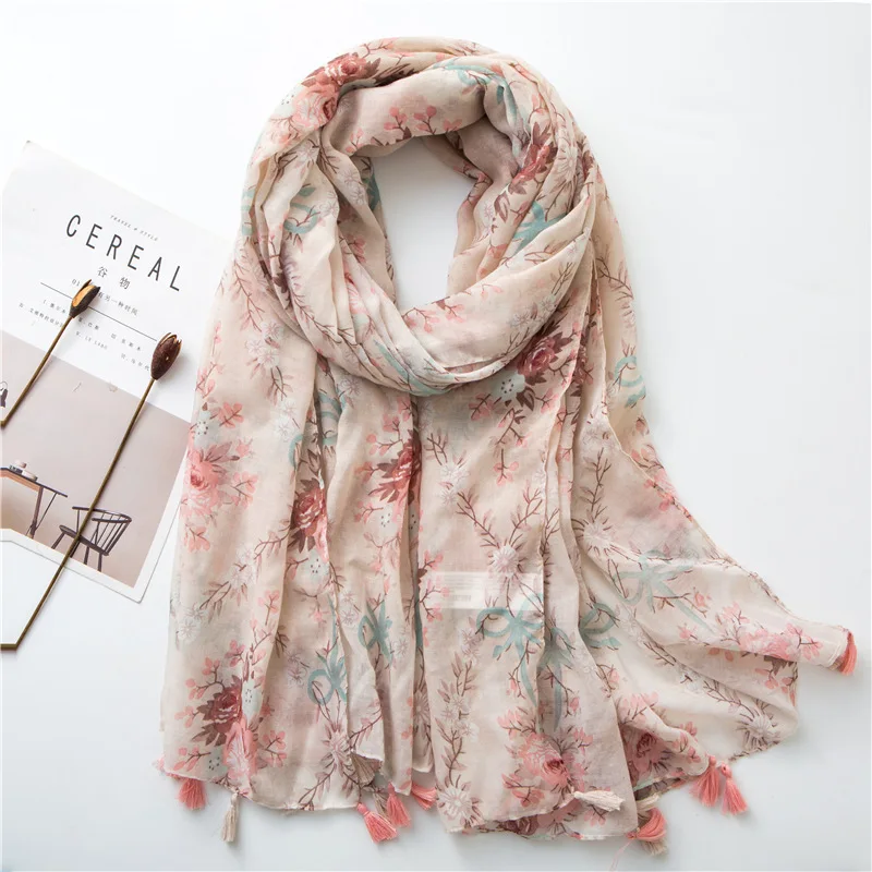 High Quality Pink Floral Tassel Scarf Shawl Polyester Voile Flower ...