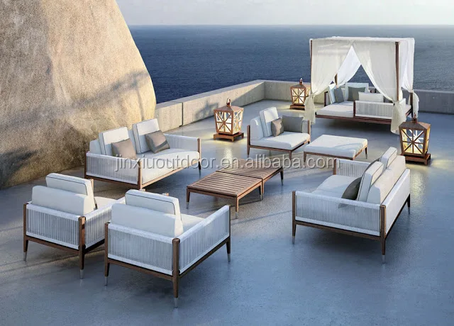 Modern design 2019 Polyethylene rattan solid teak wood outdoor sofa JX-388