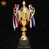 Plated medals trophy soccer, custom design big metal trophy golf metal trophy