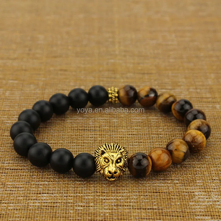 Bra1182 Matte Onyx Tiger Eye Beaded Gold Lion Head Bracelet Men S Beaded Gold Lion Head Bracelet