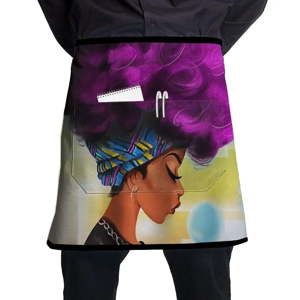 Crazy Popo Pocket Waist Apron For Men & Women, African Women With Purple Hair Waist Aprons With 2 Pockets For Chef, Baker, Servers, Waitress, Waiter