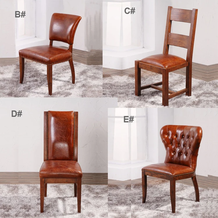 Wholesale Vintage Genuine Leather Distressed Dining Chair Wooden Legs