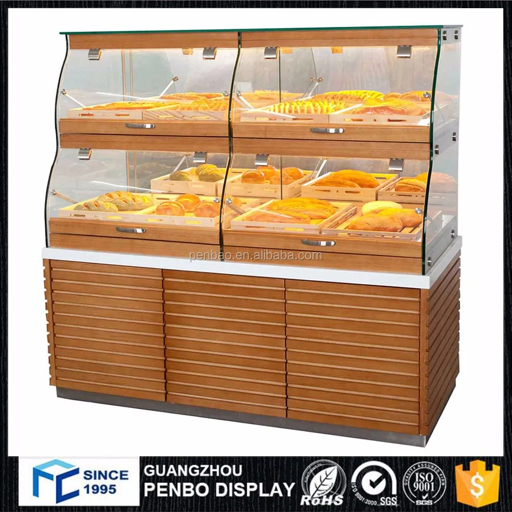 Cina manufaktur kaca kayu rak display roti bakery 