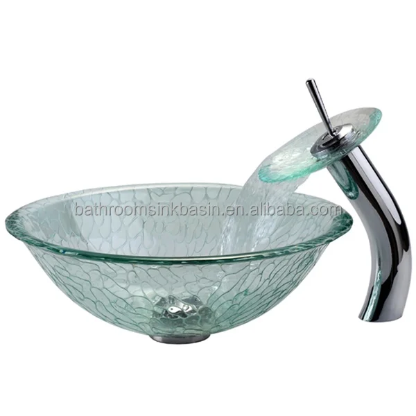 hand-painting color vessel sink /tempered glass basin with waterfall ...