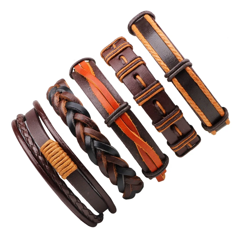 5pcs Multilayer Leather Wrap Bracelet Womens Mens Braid Leather