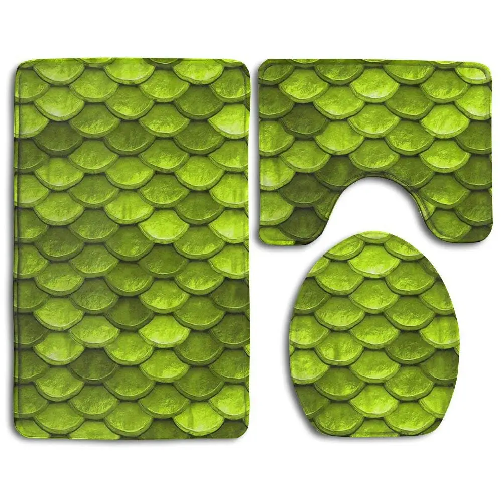 HOMESTORES 3 Piece Bathroom Rug Set - Bahama Sea Blue Mermaid Fish Scales Skidproof Toilet Bath Rug Mat U Shape Contour Lid Cover For Shower Spa