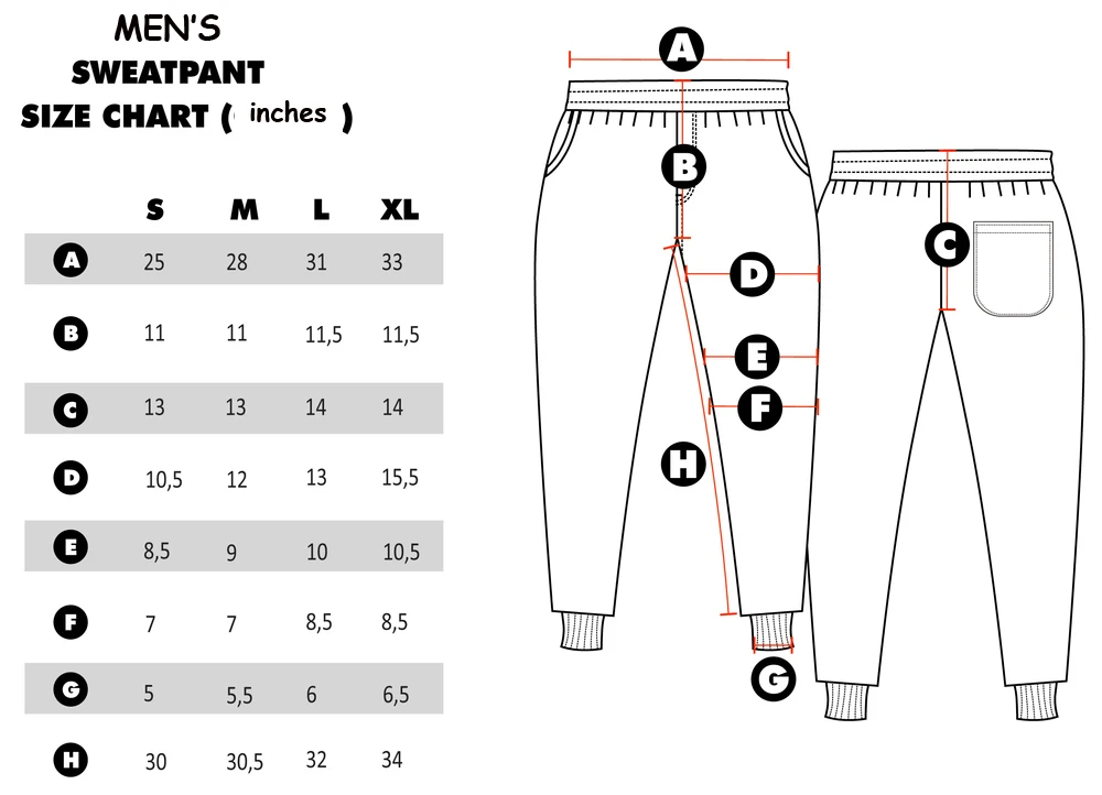 Mens Jogger Pants Size Chart