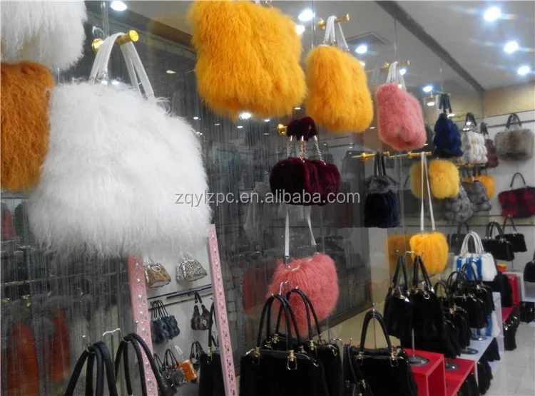 Wholesale Fashion Women Sheep Fur Tote Bags / Genuine White Lamb Fur Handbag