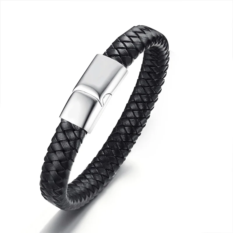 
Classic stainless steel bracelet black leather woven hand chain 