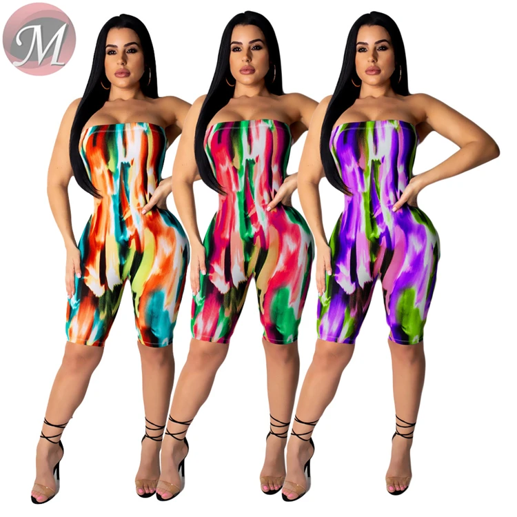 9032501 New design printed strapless bandage bodycon jumpsuit