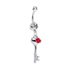 Crystalline Gem Blooming Rose and Heart Key Dangle Belly Ring