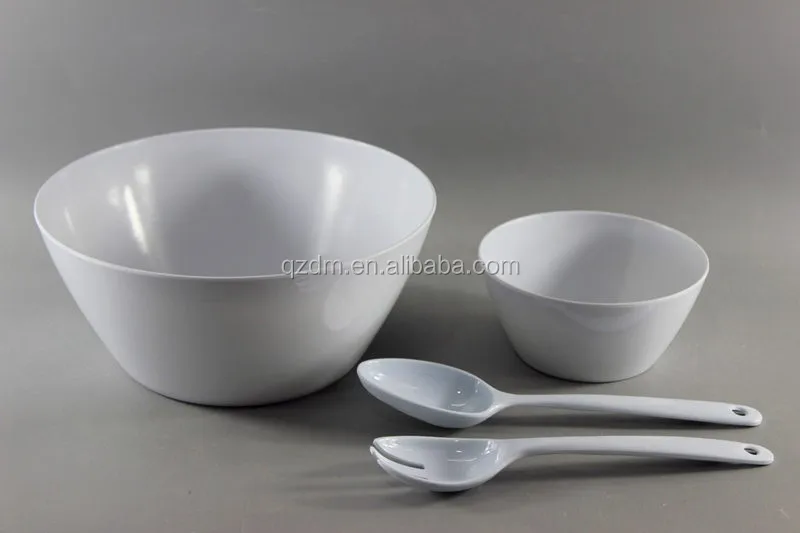 White Melamine Salad Bowl Set With Salad Spoon And Fork