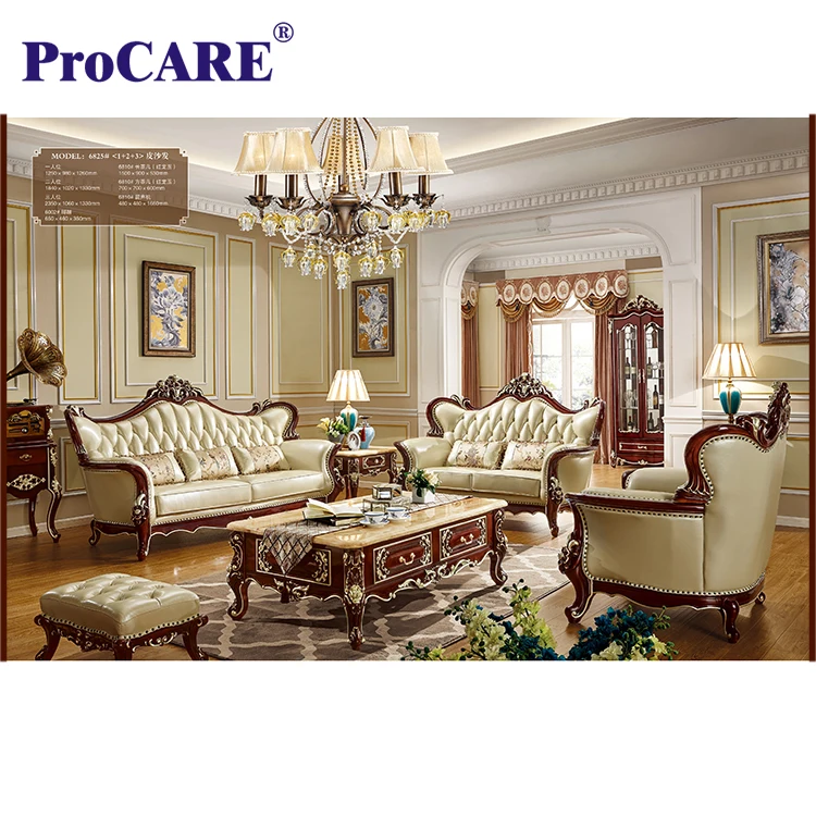 European Style Living Room Leather Sofa Solid Wood Luxury Crown ...