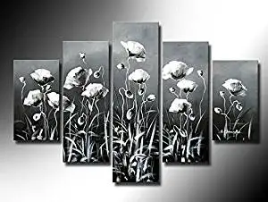 Ode-Rin Art Christmas Gift 100% Hand Painted on Canvas Abstract Simple Flowers Landscape Wall Art Oil Painting 5-pieces Artwork for Living Room Home and Wall Decoration